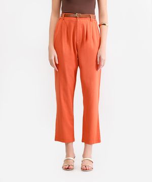 calça cenoura feminina com linho e cinto laranja