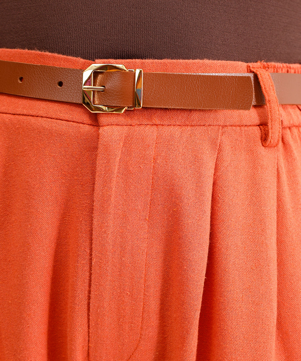 calça cenoura feminina com linho e cinto laranja