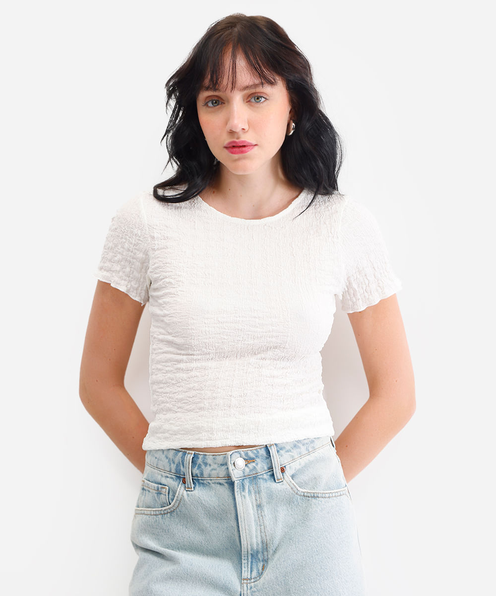 blusa feminina manga curta texturizada off white