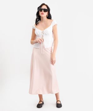 saia midi feminina acetinada rosa