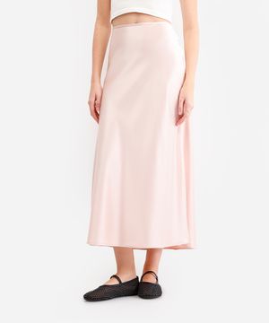 saia midi feminina acetinada rosa