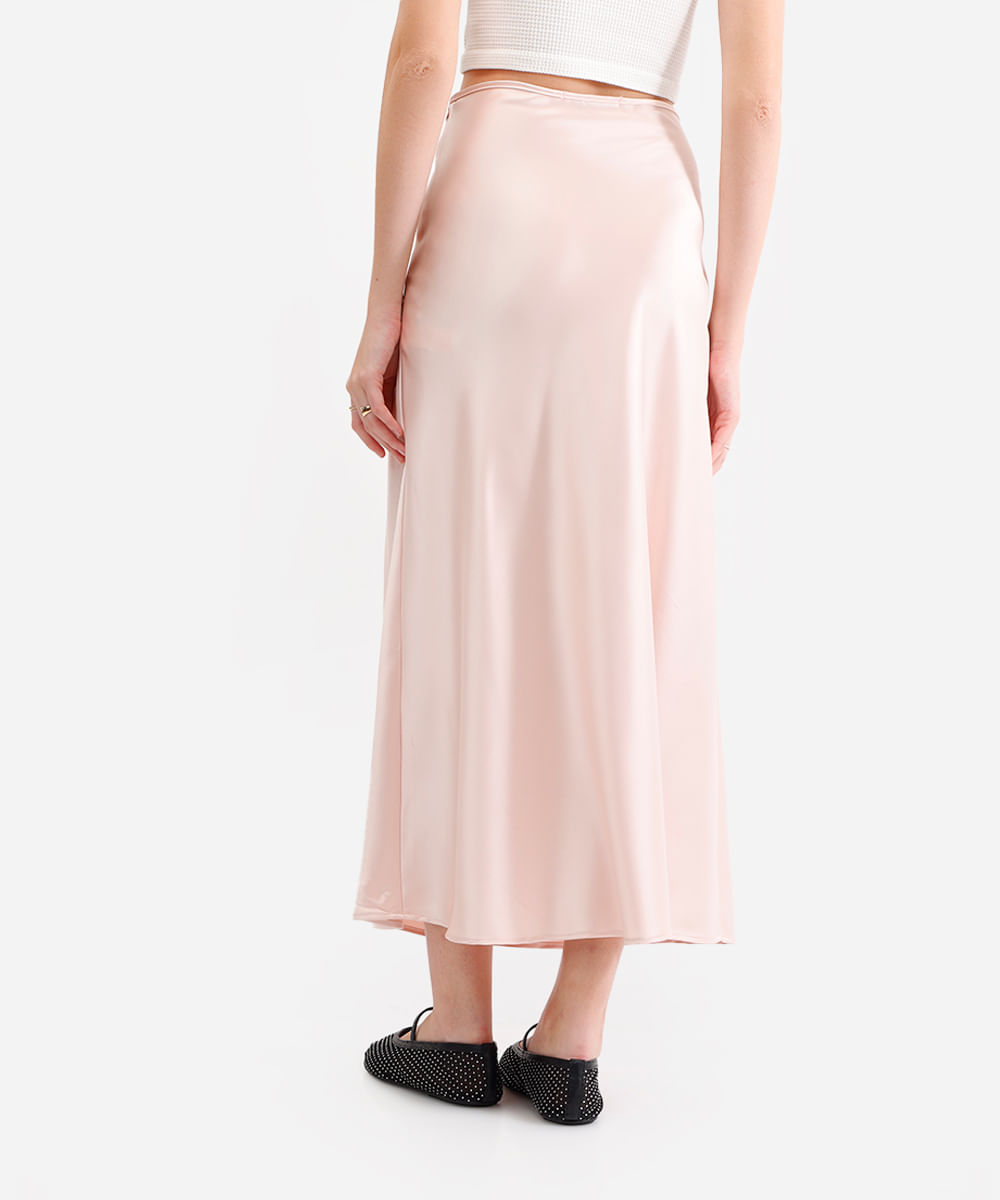 saia midi feminina acetinada rosa