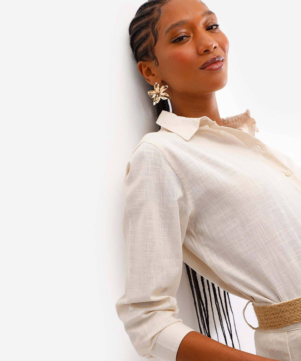 camisa de algodão manga longa bege