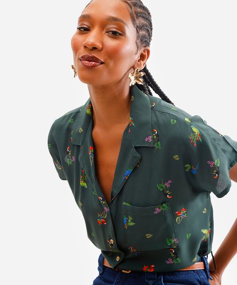 camisa de viscose com bolso pássaros verde