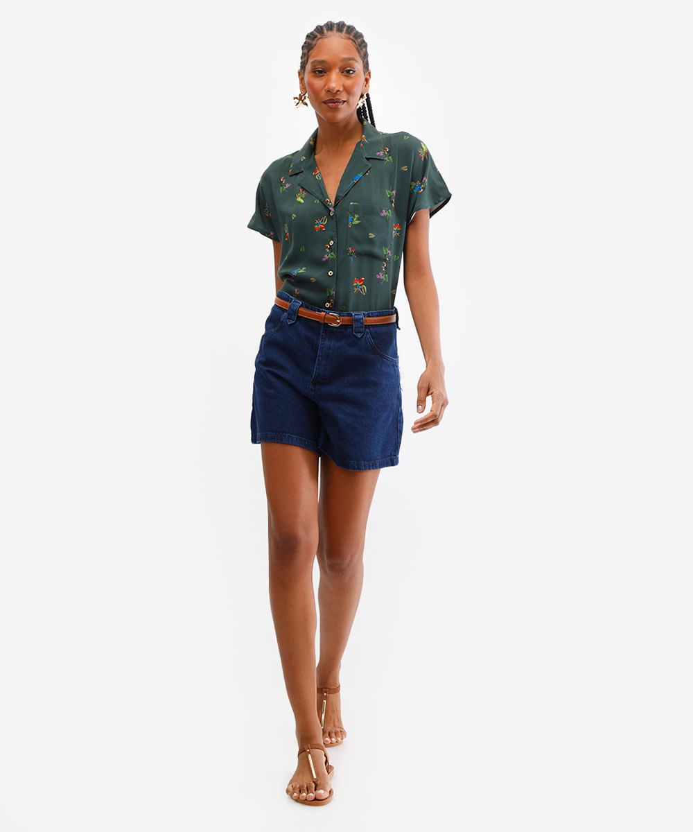 camisa de viscose com bolso pássaros verde