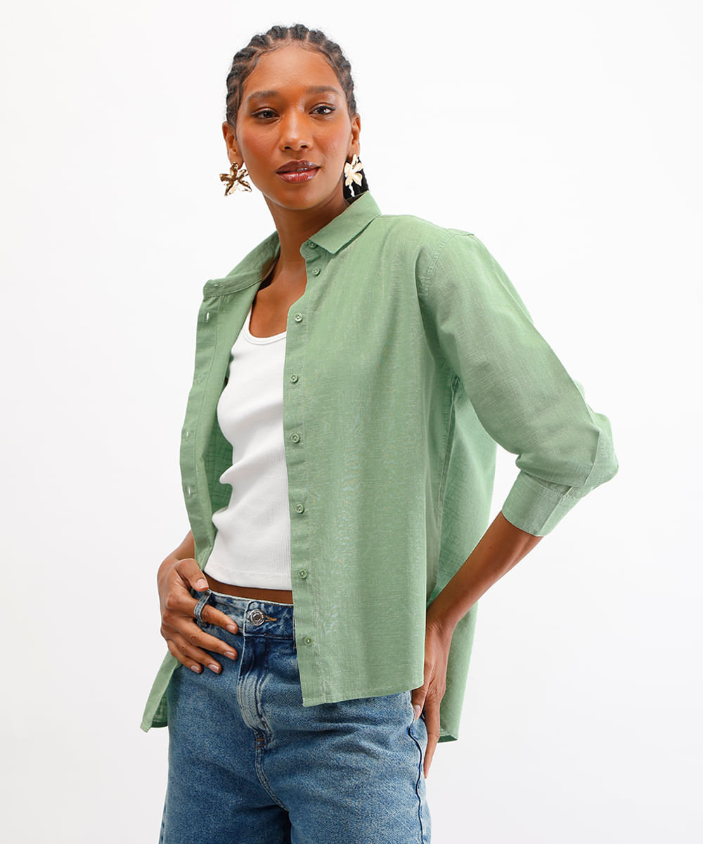 camisa de algodão manga longa verde