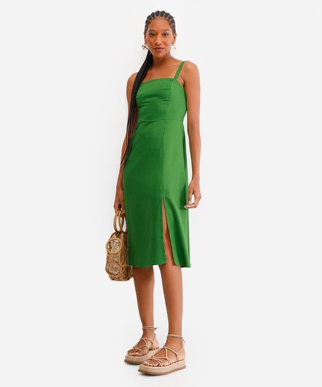 vestido midi com linho decote quadrado verde