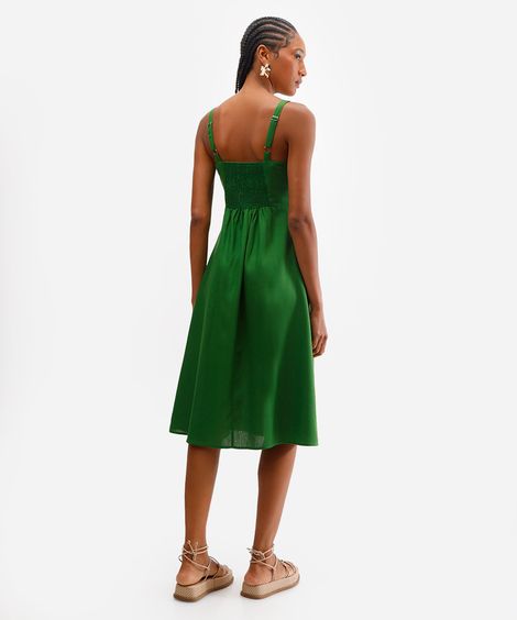 vestido midi com linho decote quadrado verde