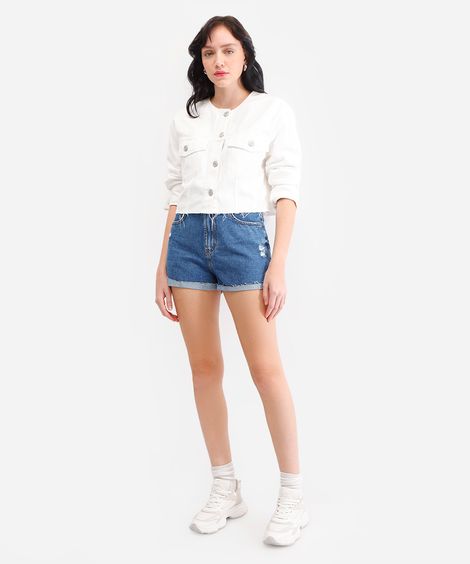 short feminino jeans com barra dobrada azul