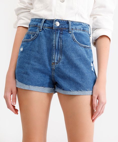 short feminino jeans com barra dobrada azul