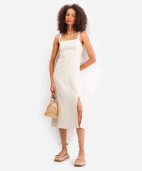 vestido midi feminino com linho e fenda bege