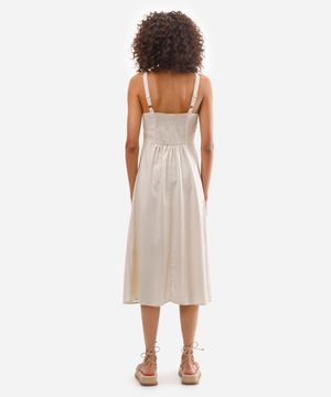 vestido midi feminino com linho e fenda bege