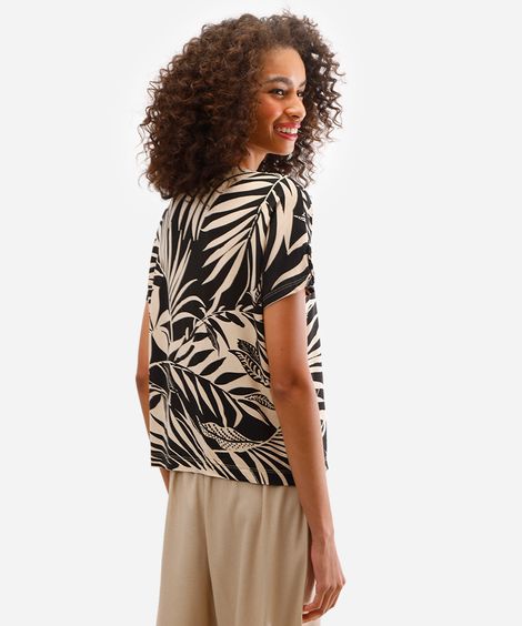 blusa feminina de viscose manga curta folhagens preta