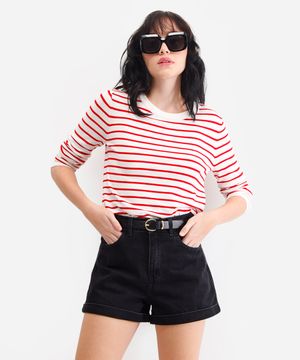 short mom feminino jeans com barra dobrada preto