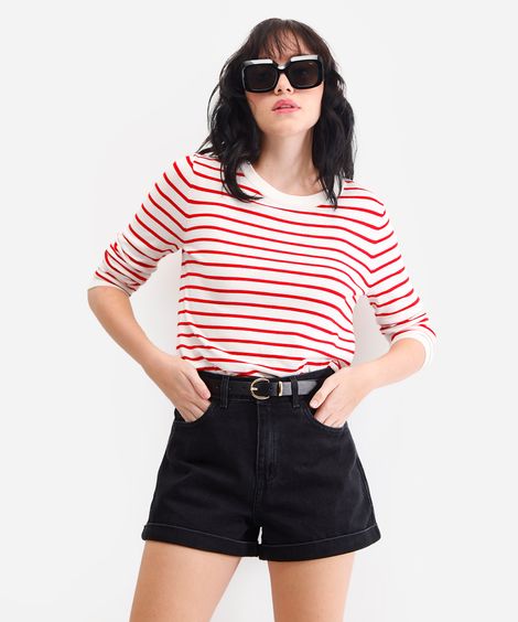 short mom feminino jeans com barra dobrada preto