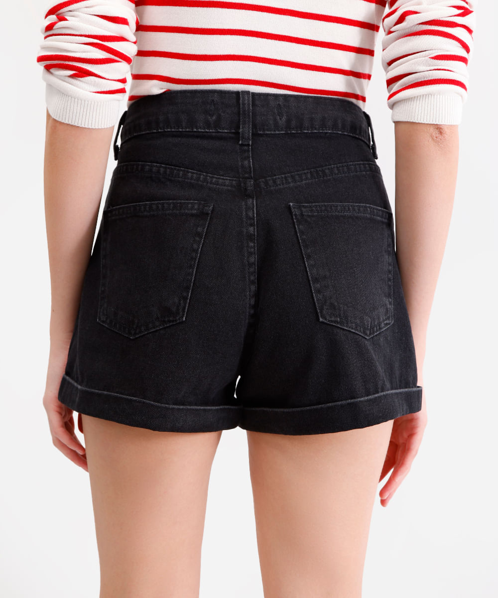 short mom feminino jeans com barra dobrada preto