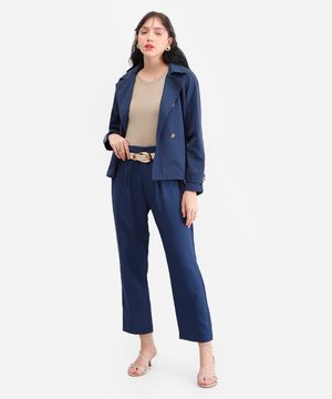 calça de alfaiataria feminina cós elástico azul
