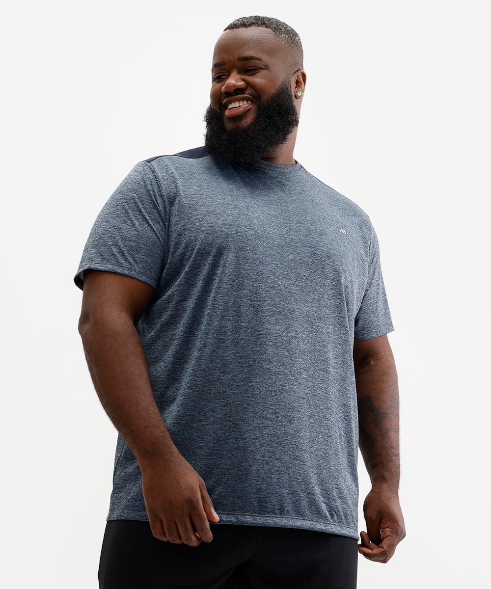 camiseta plus size manga curta esportiva preta - azul
