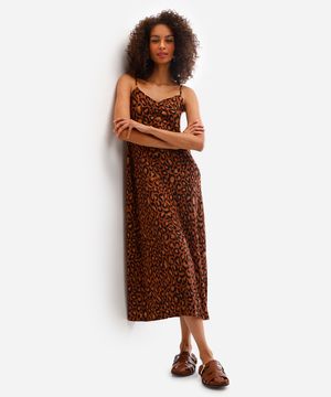 vestido midi feminino animal print texturizado marrom