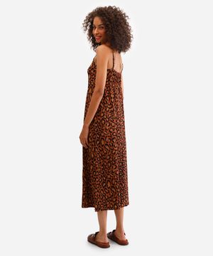 vestido midi feminino animal print texturizado marrom