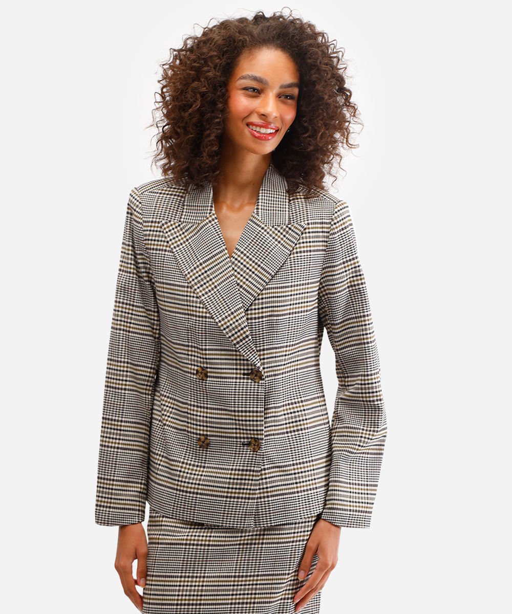 blazer feminino de alfaiataria xadrez marrom