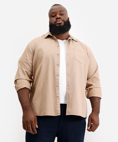 camisa masculina de sarja manga longa plus size bege