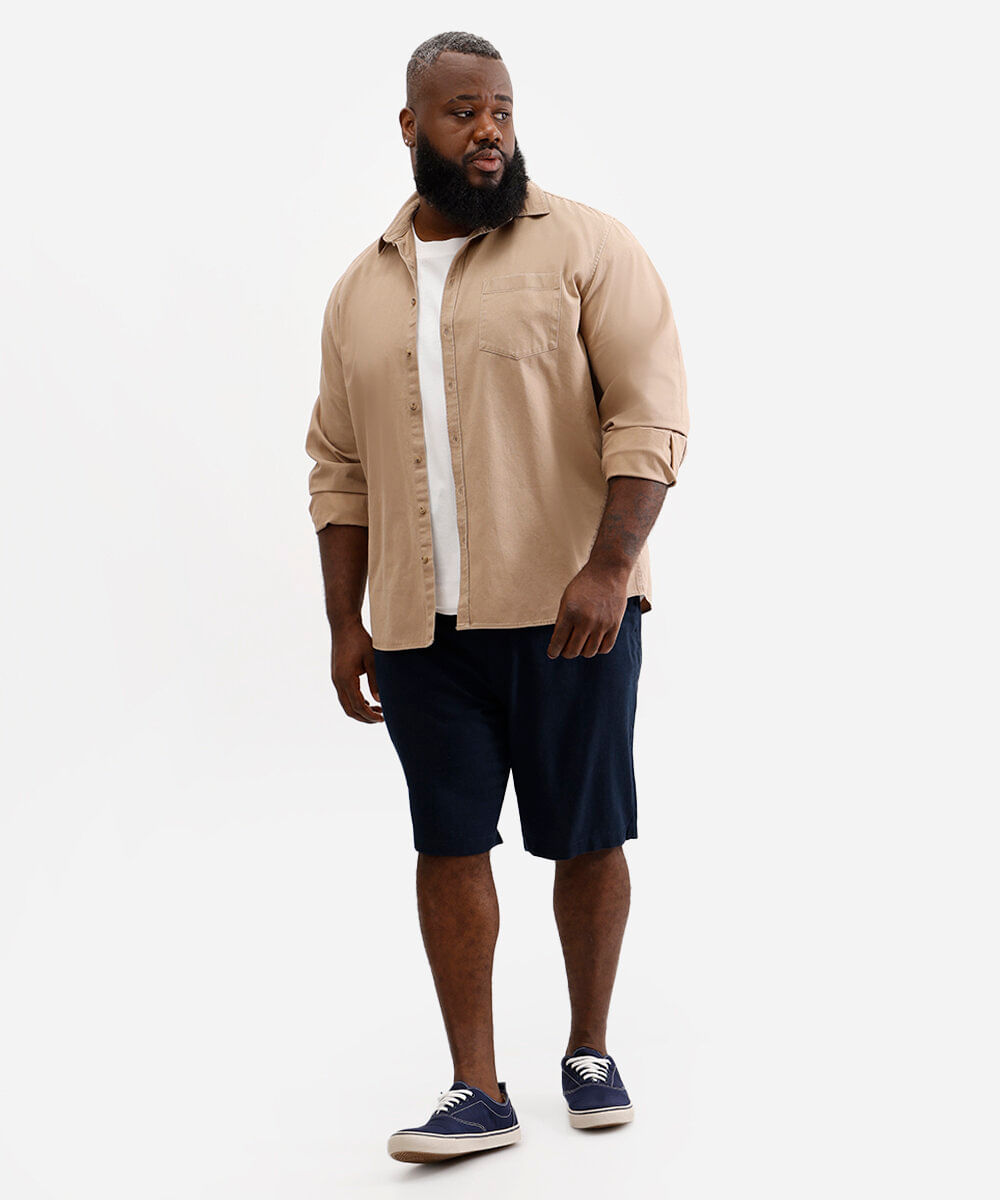 camisa masculina de sarja manga longa plus size bege