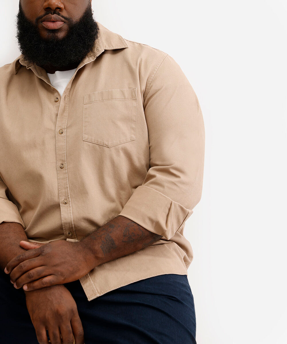 camisa masculina de sarja manga longa plus size bege
