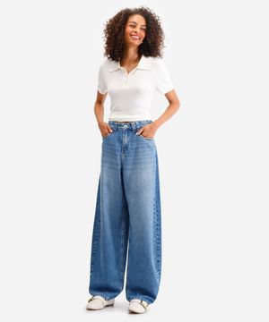 calça wide leg feminina cintura média azul