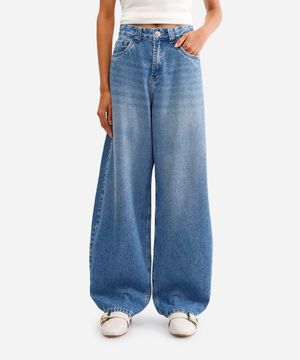 calça wide leg feminina cintura média azul