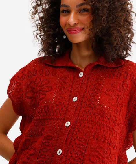 camisa oversized de tricot floral laranja
