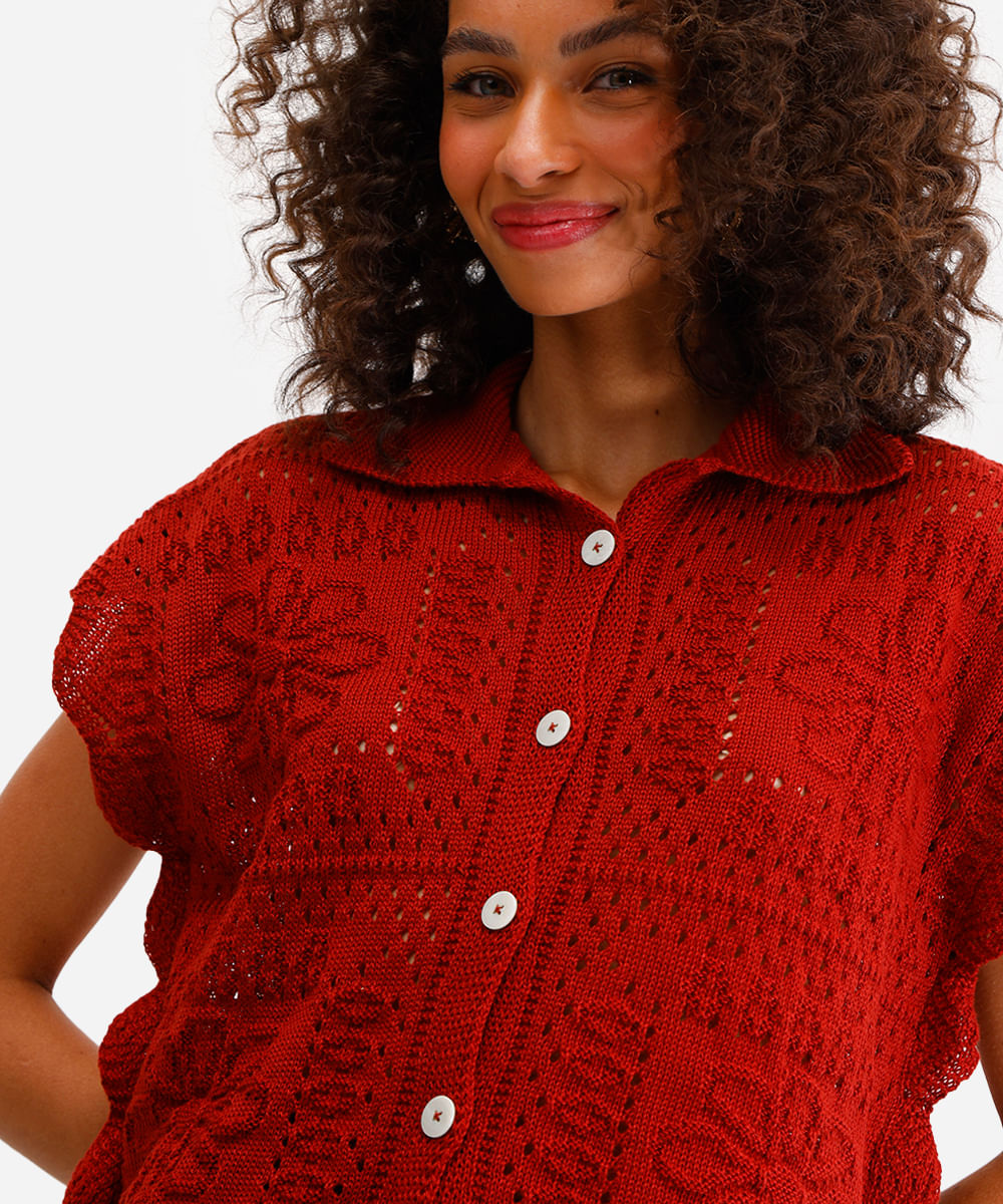camisa oversized de tricot floral laranja