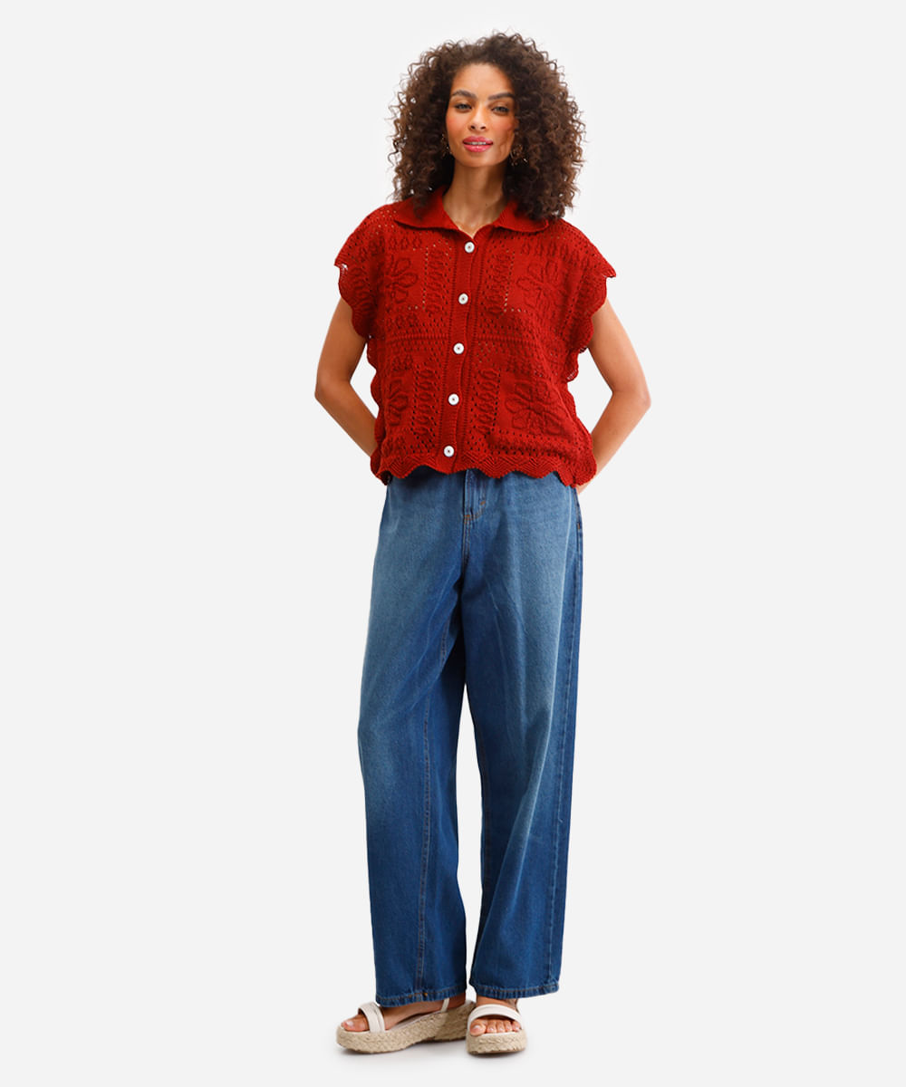 camisa oversized de tricot floral laranja