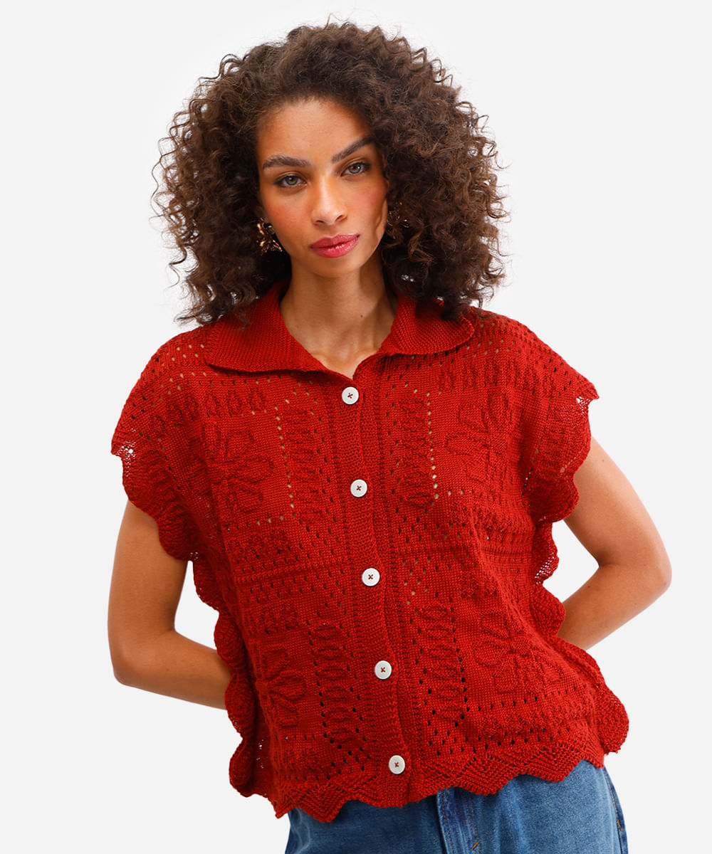 camisa oversized de tricot floral laranja