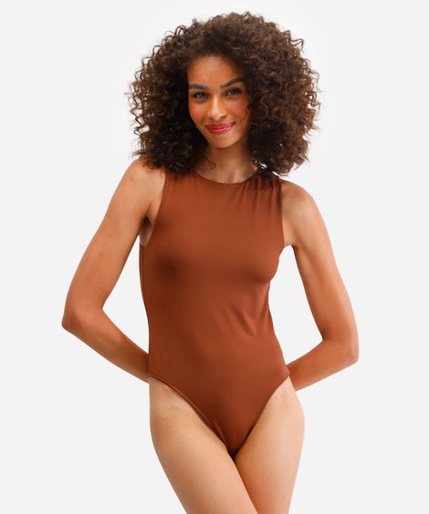 body de poliamida decote redondo marrom