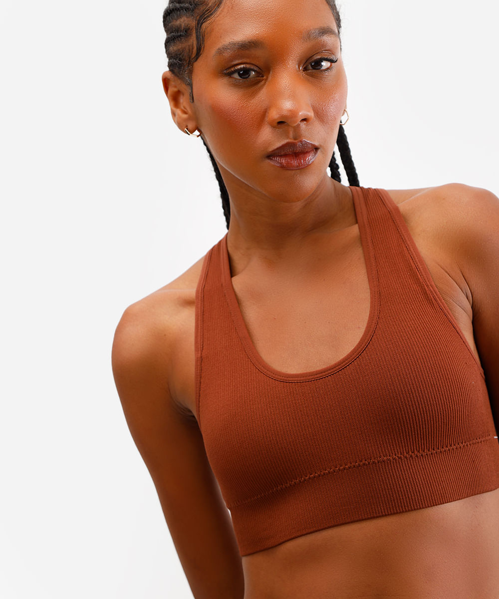 top nadador canelado com bojo removível marrom