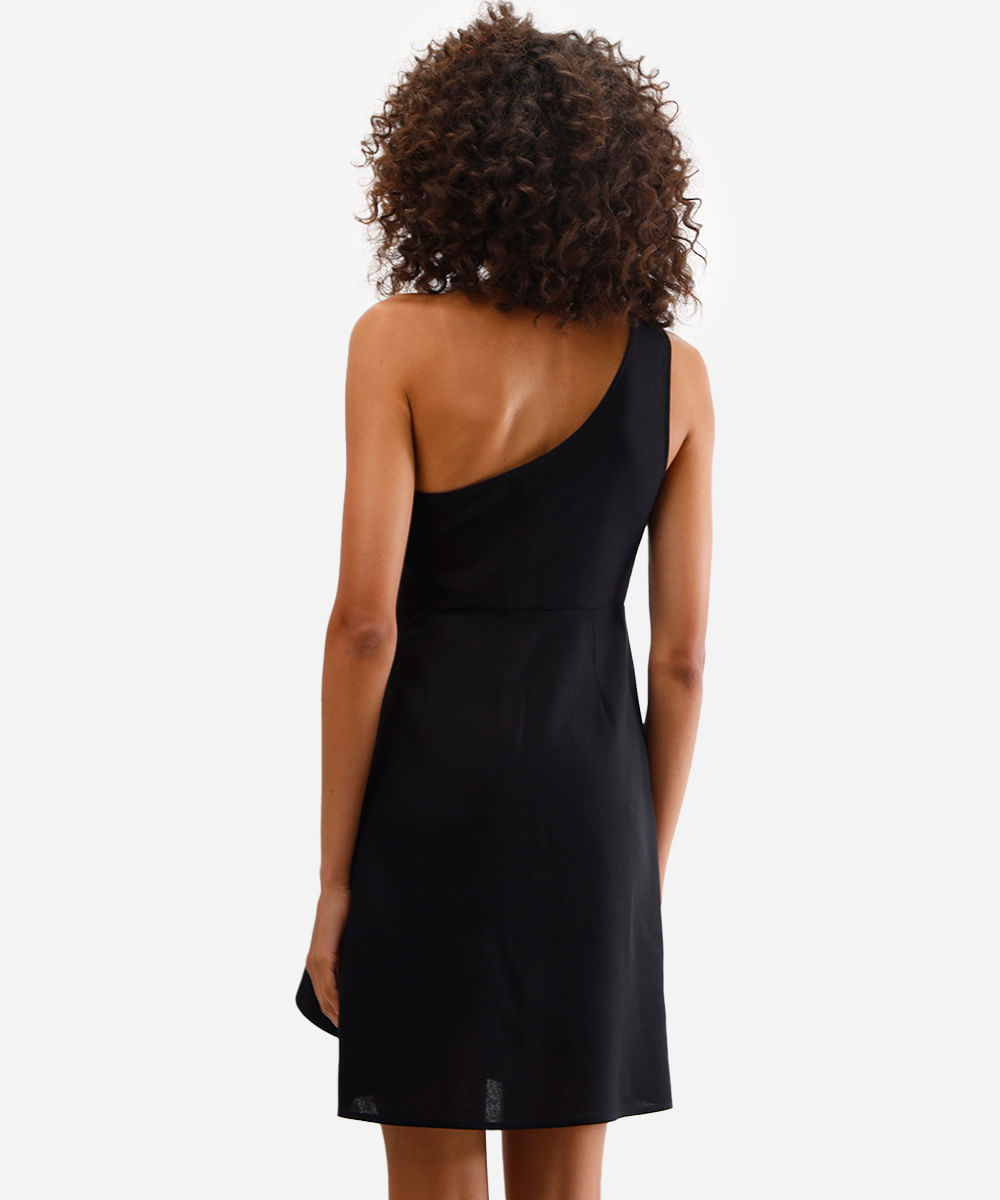vestido ombro único com linho e amarração preto