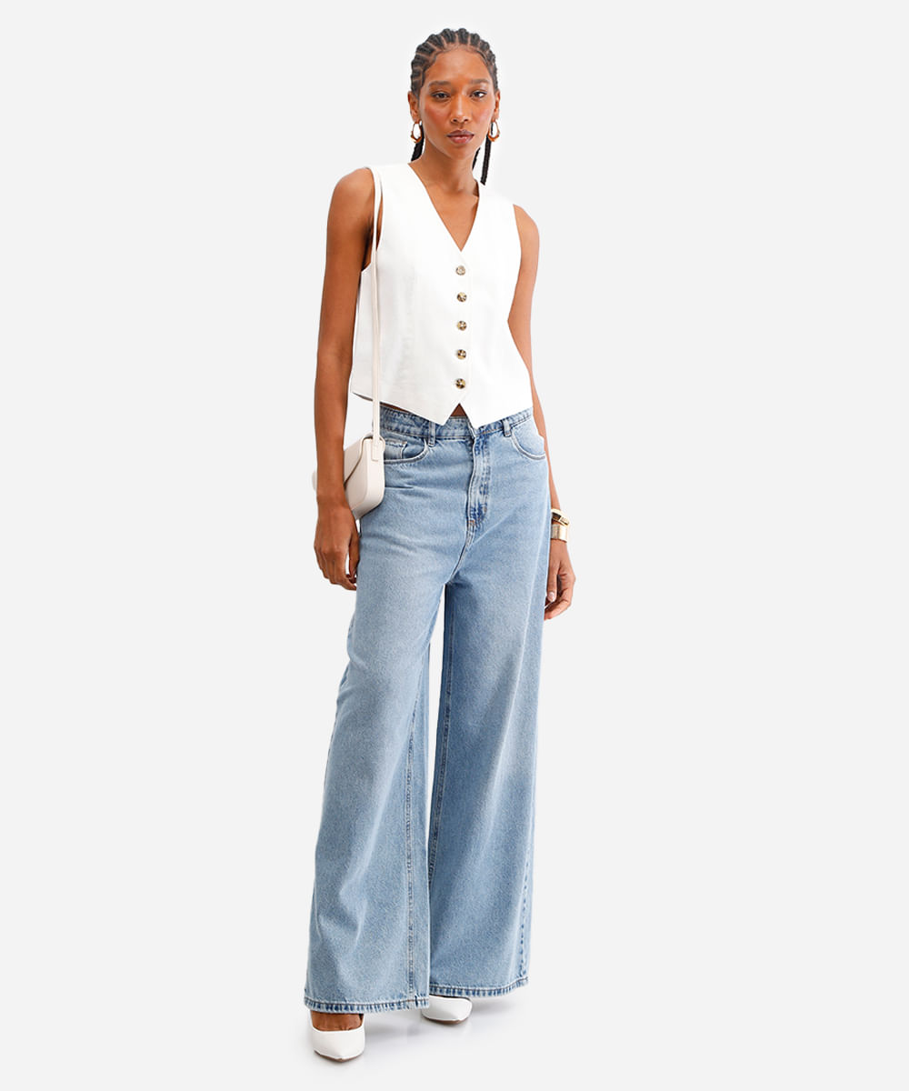 calça wide leg feminina jeans cintura alta azul