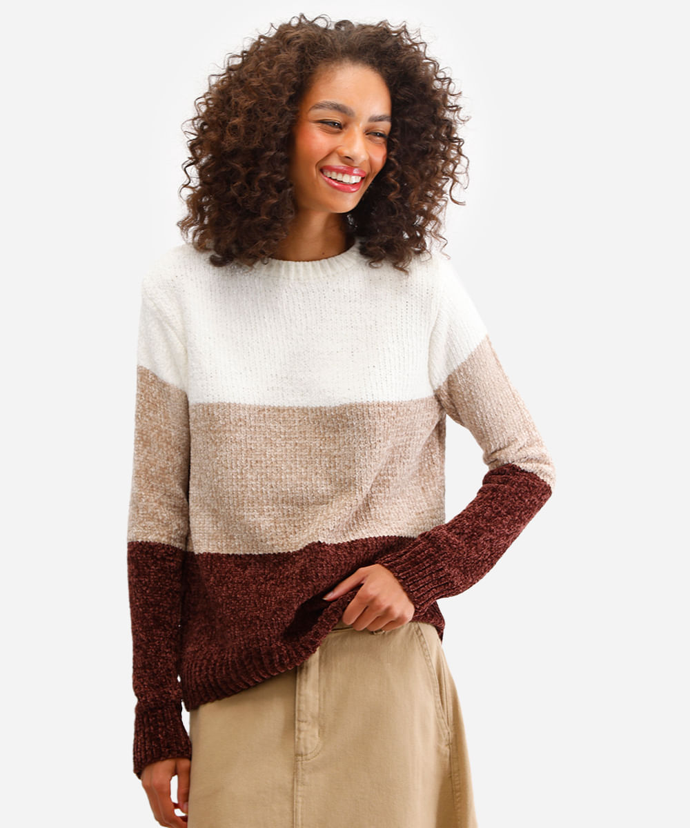 suéter feminino de tricot listrado marrom