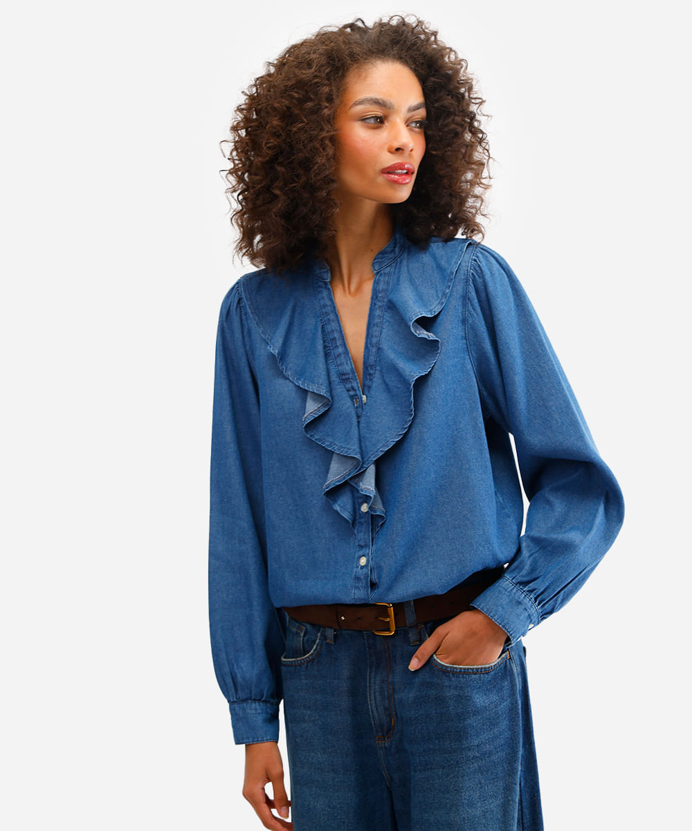 camisa feminina jeans manga longa com babados azul