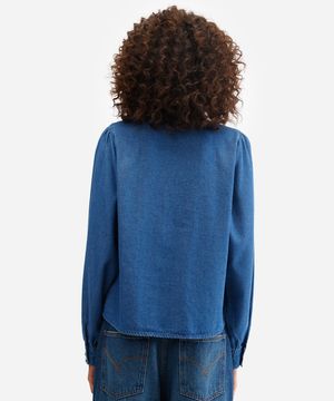 camisa feminina jeans manga longa com babados azul