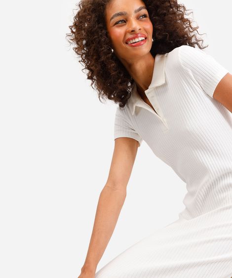 vestido polo feminino manga curta canelado off white