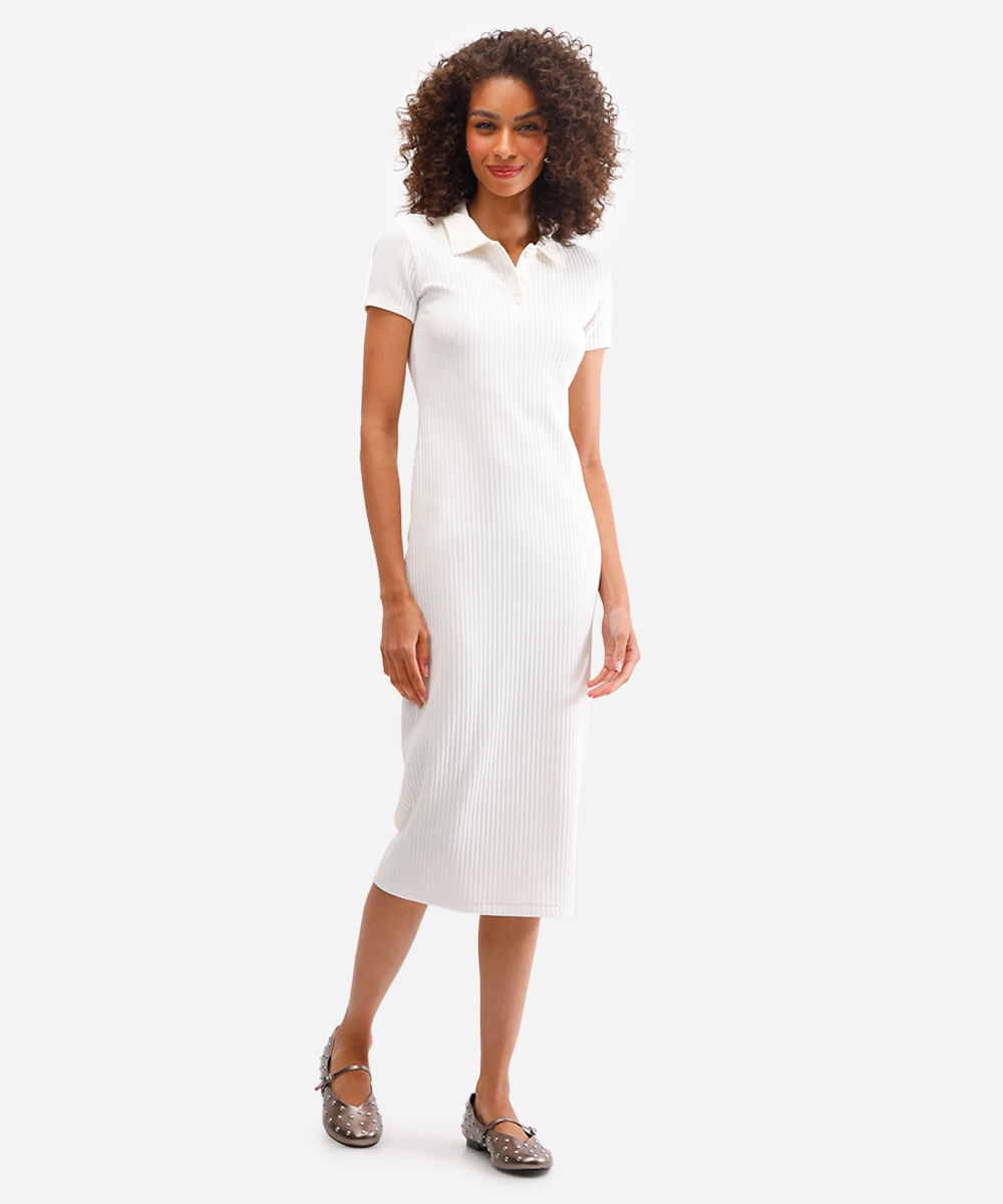 vestido polo feminino manga curta canelado off white