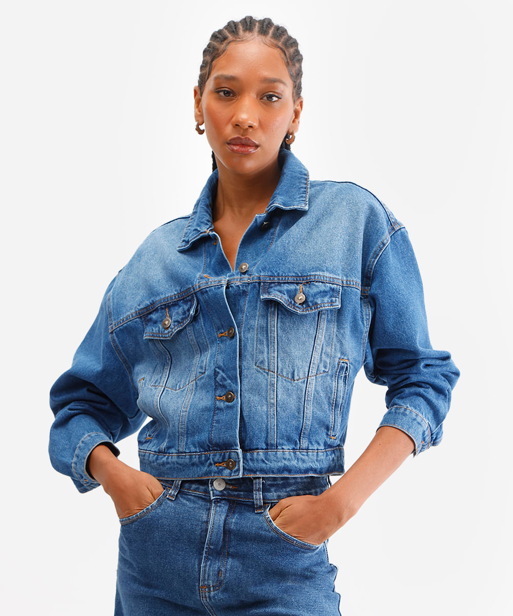 jaqueta jeans feminina manga longa azul