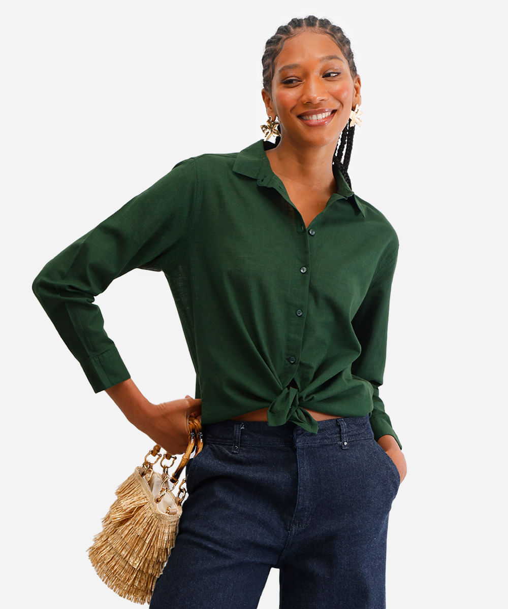 camisa de algodão manga longa verde