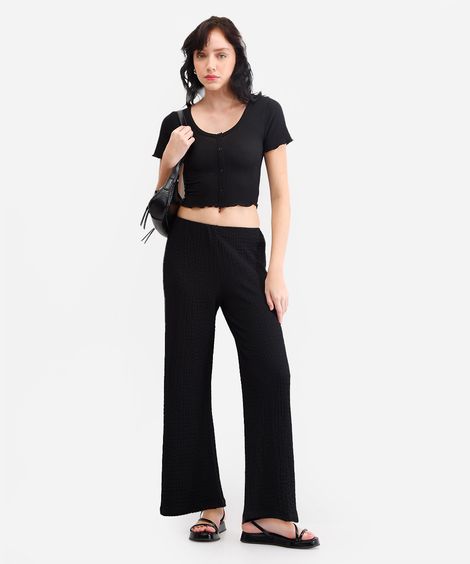 calça reta básica feminina texturizada preta