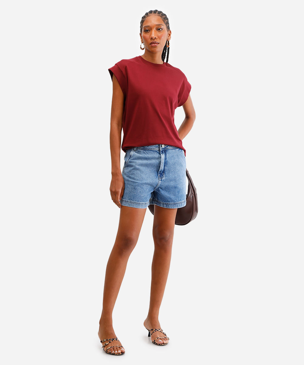 short feminino jeans cintura média azul
