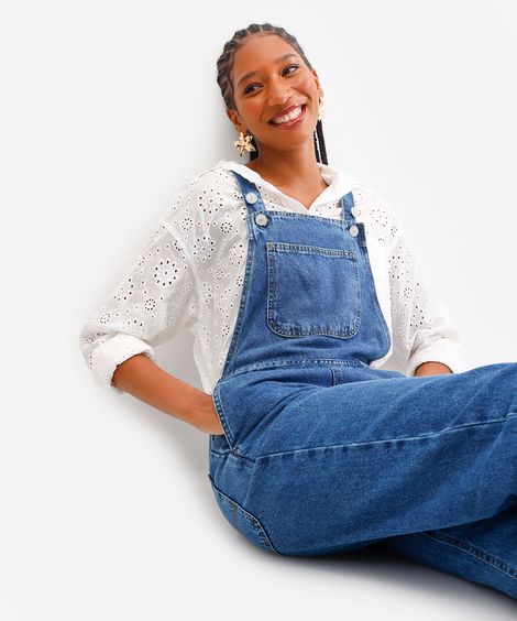 jardineira jeans feminina comfort azul