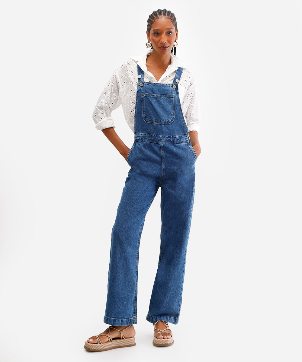jardineira jeans feminina comfort azul