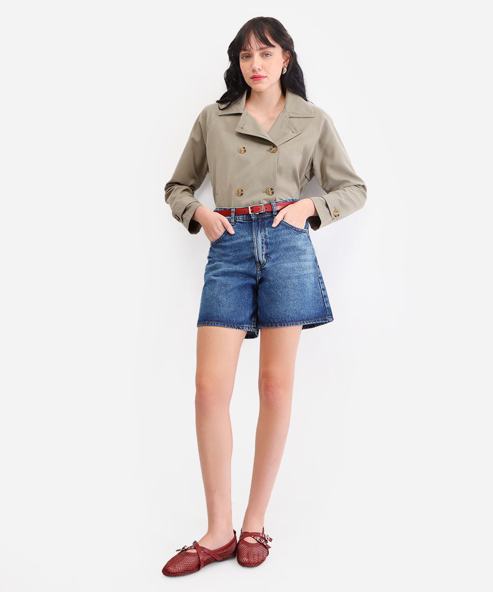 bermuda mom feminina jeans com cinto azul
